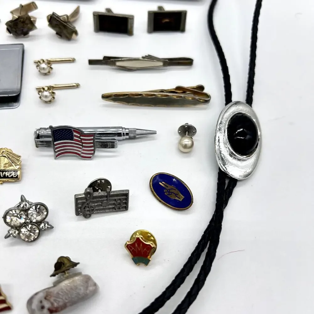 Vintage Estate Men's Jewelry Accessory Lot Tie Bars Pins Buttons Bolo Trinkets